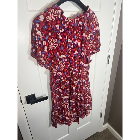 ANTHROPOLOGIE Robin Tiered Mini Dress Red Pink‎ Purple Ruffle VNeck Geo Sz L - Picture 8 of 11